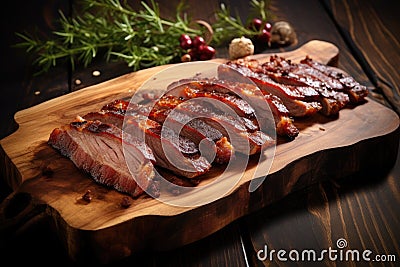Sliced roast pork on a wooden cutting board Stock Photo