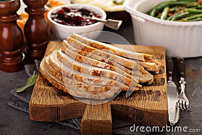 Sliced roasted turkey breast for Thanksgiving or Christmas Stock Photo