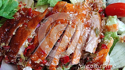Sliced roasting Traditional Christmas Duck dressing with salad tomatoes and spicy sweet sauce at gourmet chinese restaurant Stock Photo