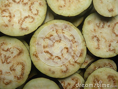 Sliced round raw Eggplant vegetable Stock Photo