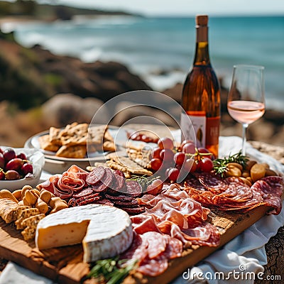 Sliced salami, cheese, bread and wine on the beach. A picnic setting on a beach with a meat charcuterie board and wine for two Stock Photo