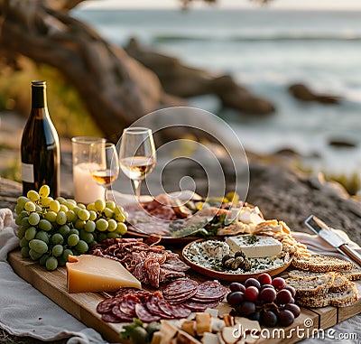 Sliced salami, cheese, bread and wine on the beach. A picnic setting on a beach with a meat charcuterie board and wine for two. Stock Photo