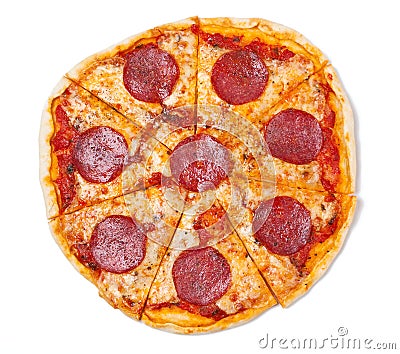 Sliced salami pizza Stock Photo