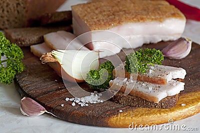 Sliced salted pork lard (salo) Stock Photo