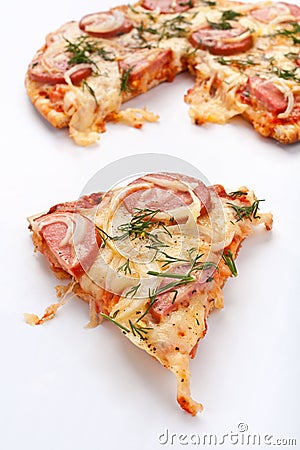 Sliced sausage and onion pizza Stock Photo