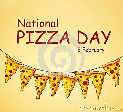 sliced slices of pizza on a yellow background hung on a rope with the inscription Pizza day Stock Photo