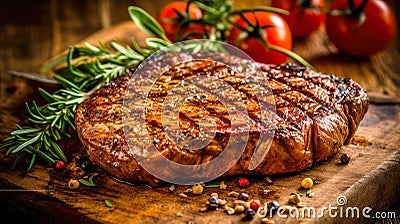 Sliced steak ribeye, grilled with spices served on cutting board. Gourmet food. Generative AI Stock Photo