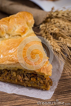 Sliced succulent meat pie with mushrooms and meat Stock Photo