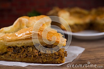 Sliced succulent meat pie with mushrooms and meat Stock Photo