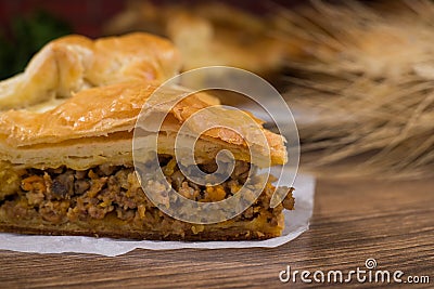 Sliced succulent meat pie with mushrooms and meat Stock Photo