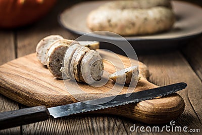 Sliced tasty white sausage Stock Photo