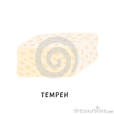 Sliced tempeh piece. Vegan organic fermented soybeans. Soy cheese isolated on white background. Flat vector cartoon Vector Illustration