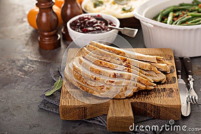 Sliced turkey on Thanksgiving or Christmas table Stock Photo