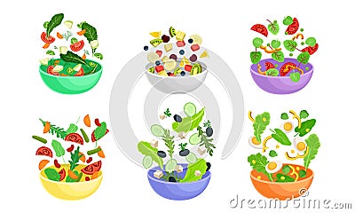 Sliced Vegetable and Fruit Salad Ingredients Falling Down in the Bowl Vector Set Vector Illustration