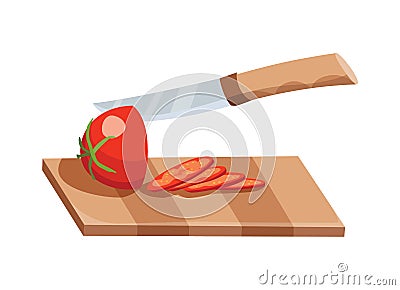 Sliced vegetable. Slicing tomato by knife. Cutting on wooden board isolated on white background. Prepare to cooking Vector Illustration