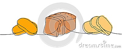 Sliced wheat breads one line colored continuous drawing. Whole grain and wheat bread, ciabatta, toast bread continuous Cartoon Illustration