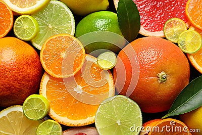 Sliced and whole citrus fruits with leaves i Stock Photo