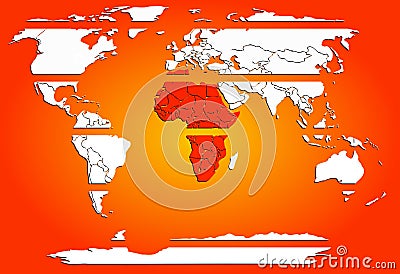 Sliced world map white continents with red warm Africa Stock Photo