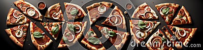 Pizzeria background. Slices of appetizing pizzas spread out on a table seen from above. Generative AI Stock Photo