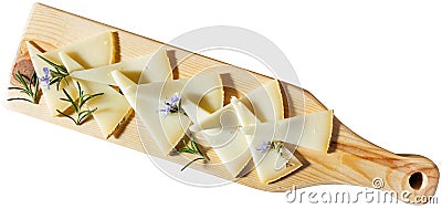 Slices of artisanal goat cheese with blooming rosemary for tasting Stock Photo