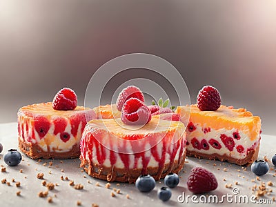 Slices Of Berry Cheesecakes Isolated On White Background. Generative AI Stock Photo