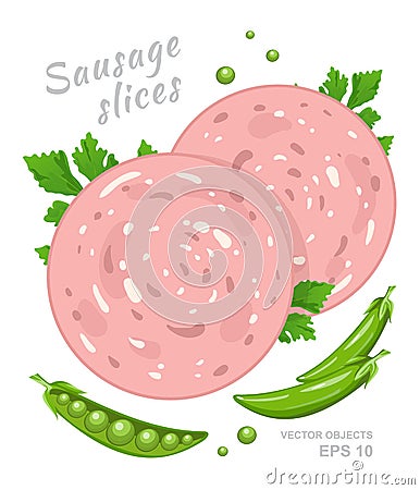 Slices of boiled sausage with fresh parsley and green sweet pea isolated Vector Illustration