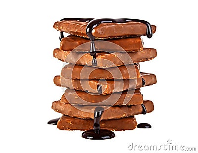 Slices chocolate bar poured chocolate isolated on white background Stock Photo