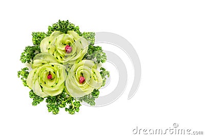 Slices cucumber in a white plate beautiful shape, tasty food, carving Stock Photo