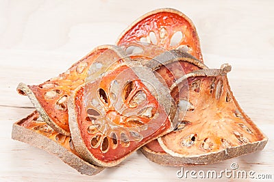 slices of dried bael fruit Stock Photo