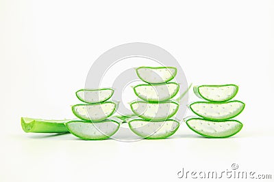 Slices of fresh aloe vera plant stacked and aloe vera stalk or leaves with water dropping Stock Photo
