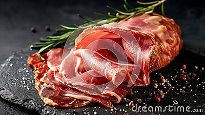 Slices of jamon serrano ham or prosciutto crudo parma on Wooden background. Top view Stock Photo
