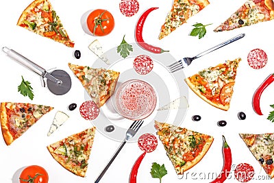 Slices of pizza, ingredients and cutlery on a white background. Top view Stock Photo