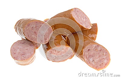 Slices of Polska kielbasa on a white background Stock Photo