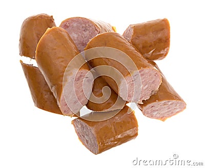 Slices of Polska kielbasa on a white background Stock Photo