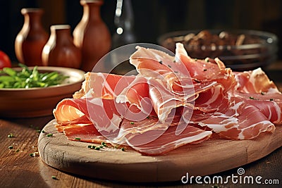 Slices of prosciutto on a cutting board. Spanish jamon or italian prosciutto crudo. Raw ham on wooden background. Generative AI Stock Photo