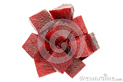 Slices of red boiled beets isolated on white background, top view. Heap of chopped boiled beets on a white background Stock Photo