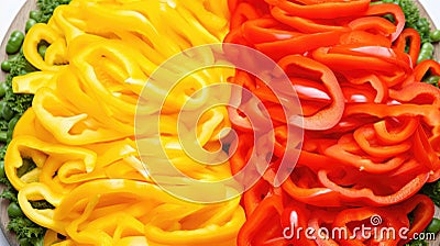 Slices of red and yellow bell pepper on a wooden plate. Closeup view. Sliced pepper background Stock Photo
