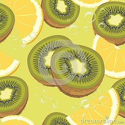 Slices ripe orange and kiwi fruit. Seamless backgr Vector Illustration