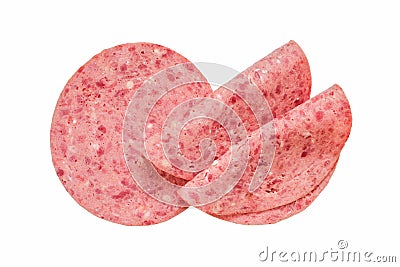 Slices of salami isolated on white background. Minced beef meat Stock Photo