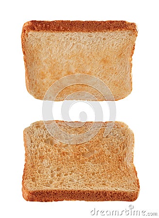 Slices of toasted bread flying isolated on white Stock Photo