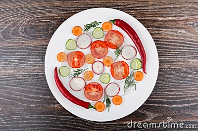 Slices of tomatoes, radishes, cucumbers and dill, peppers in pla Stock Photo