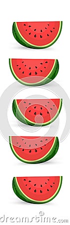 slices and triangles. Red watermelon piece with bite. Sliced cocktail water melon fruit vector sets, Fresh Watermelon organic Stock Photo