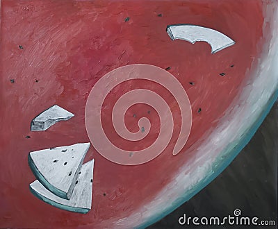 The slices of watermelon, abstract oil painting Stock Photo