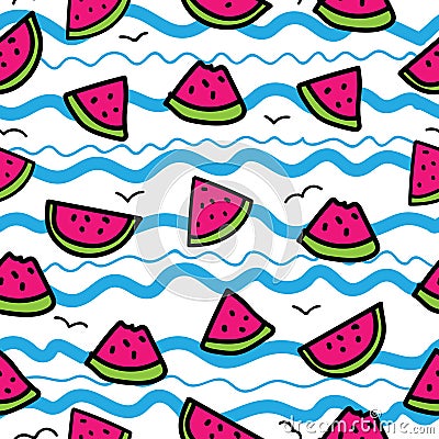 Slices of watermelon on cartoon waves background. Seamless pattern in hand drawn style. Blue, pink, green, black outline Stock Photo