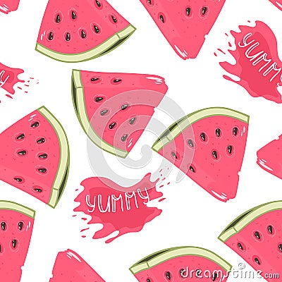 Slices of watermelon seamless pattern with juice drop Vector Illustration