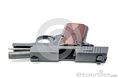 slide hold and ejection port of pistol isolated Stock Photo