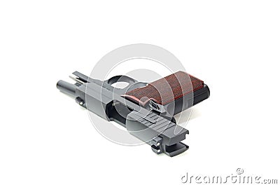 Slide hold and ejection port of pistol isolated Stock Photo