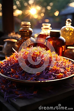 a slide of sage in a plate against the background of bottles with natural oils Stock Photo