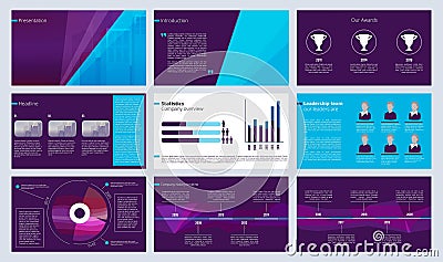 Slideshow template. Business magazine pages or annual report designs with colored abstract shapes and text vector Vector Illustration