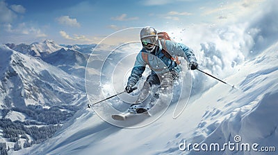 Sliding professional skier in orange warm sport suit with googles. Extreme downhill. Scenic picturesque mountain Stock Photo